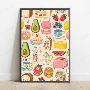 Pastel Food Pattern Art Print | Whimsical Kitchen Wall Decor | Macarons Avocado Cake Sweets Illustration bild 1