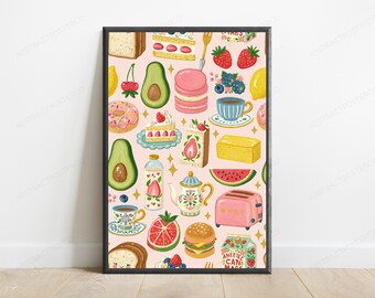 Pastel Food Pattern Art Print | Whimsical Kitchen Wall Decor | Macarons Avocado Cake Sweets Illustration