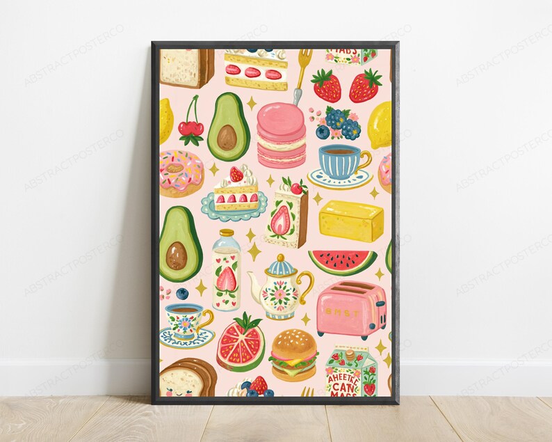 Pastel Food Pattern Art Print | Whimsical Kitchen Wall Decor | Macarons Avocado Cake Sweets Illustration bild 1
