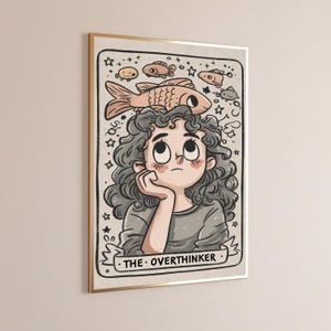 The Overthinker Girl with Fish Crown | Whimsical Portrait Print | Minimalist Wall Art | Digital Download A3 A2 A1 image 9