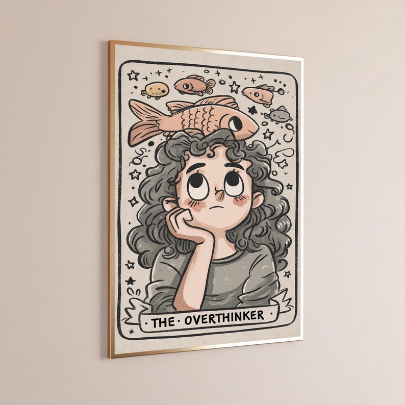 The Overthinker Girl with Fish Crown | Whimsical Portrait Print | Minimalist Wall Art | Digital Download A3 A2 A1 image 9