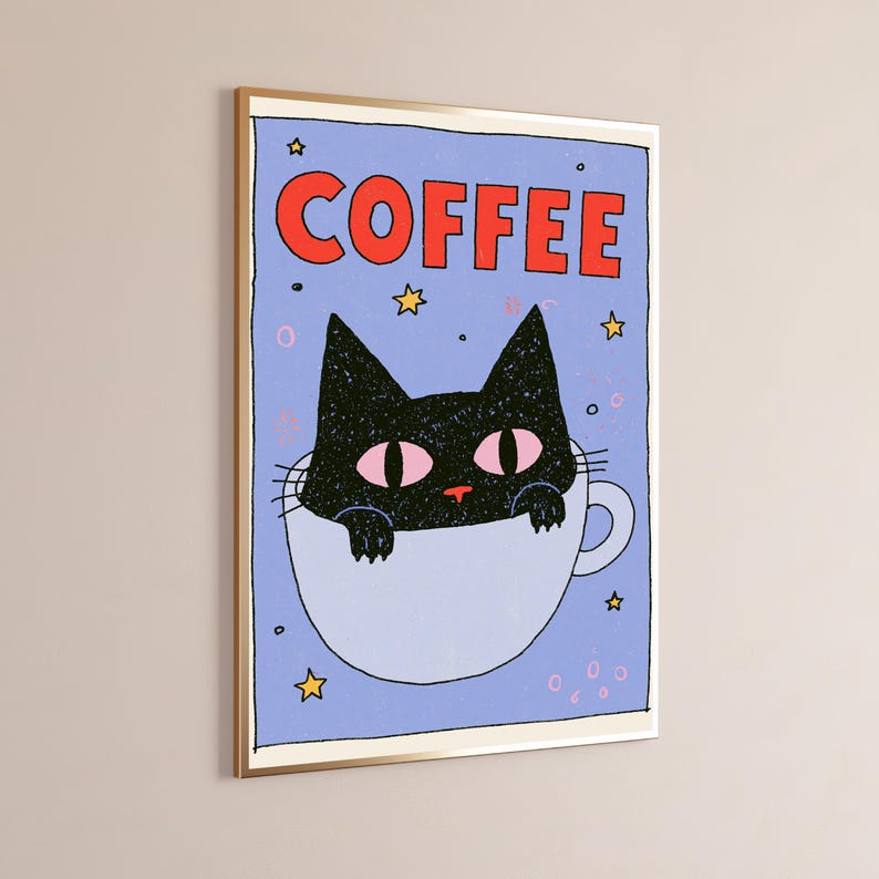 May include: A rectangular wall art print featuring a black cat with pink eyes peeking out of a light blue coffee cup. The background is a periwinkle blue color with yellow stars and small circles. The word COFFEE is printed in large red letters.