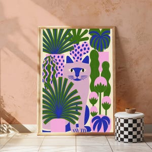 May include: A framed art print featuring a light purple cat centered among various potted plants. The plants have green and blue leaves, and the pots are decorated with pink, blue, and purple patterns against a cream-colored background.