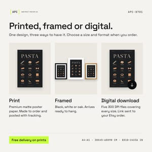 Pasta shapes print shown unframed, in black, white and oak frames, and as a digital download
