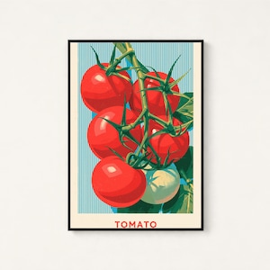 May include: A framed art print featuring a cluster of bright red tomatoes on a green vine against a light blue background with vertical stripes. The word TOMATO is printed in red capital letters at the bottom of the rectangular composition.