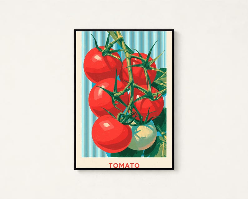 May include: A framed art print featuring a cluster of bright red tomatoes on a green vine against a light blue background with vertical stripes. The word TOMATO is printed in red capital letters at the bottom of the rectangular composition.