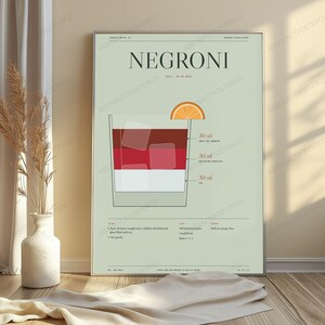 Negroni Cocktail Recipe Print in Sage | Minimalist Drink Art | Bar Kitchen Wall Decor image 4