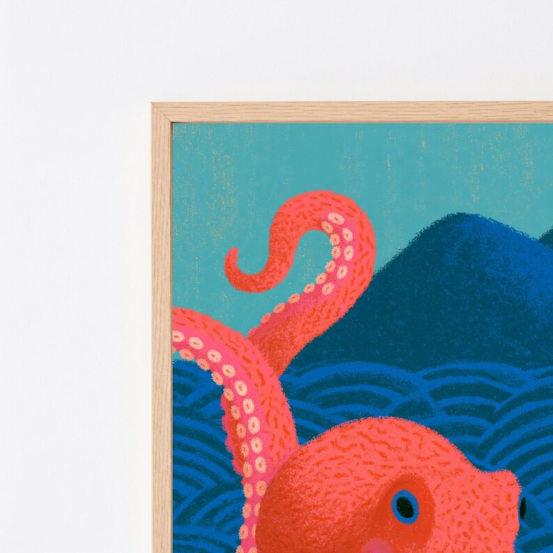 Lámina de pulpo rojo estilo pop art / Arte mural de criaturas marinas de coral / Decoración minimalista oceánica / Descarga digital A3 A2 A1 imagen 2