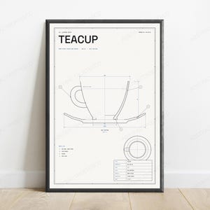 Technischer Entwurf einer Teetasse | Vintage-Konstruktionsdesign | Minimalistische Küchenwandkunst Bild 1
