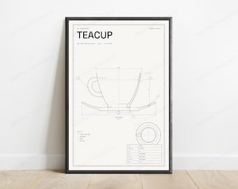Technische blauwdruk van een theekopje | Vintage technisch ontwerp | Minimalistische keukenwanddecoratie