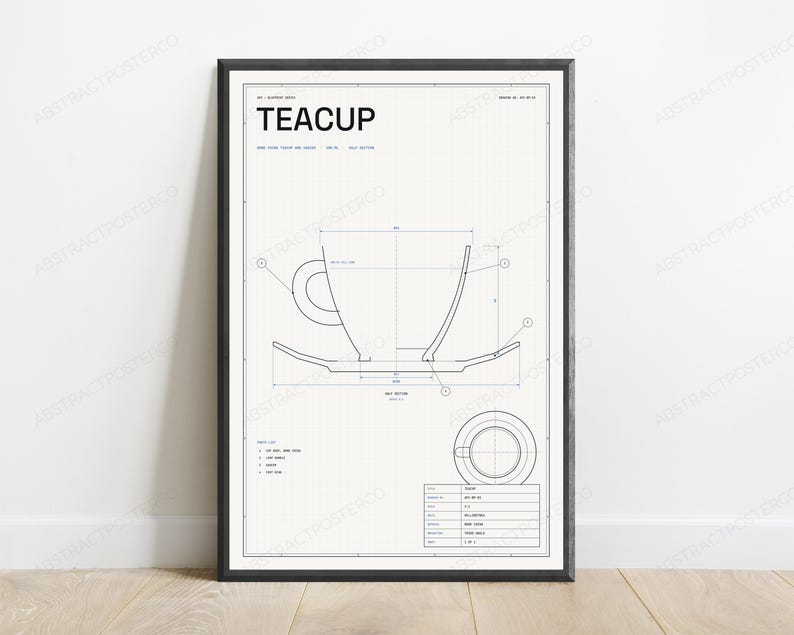 Technischer Entwurf einer Teetasse | Vintage-Konstruktionsdesign | Minimalistische Küchenwandkunst Bild 1