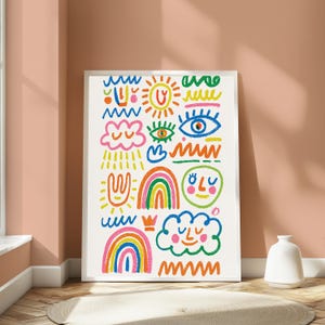 Decorazione murale con personaggi colorati in stile doodle / Stampa arcobaleno allegra / Poster minimalista con linee stilizzate / Download digitale A3 A2 A1 immagine 10