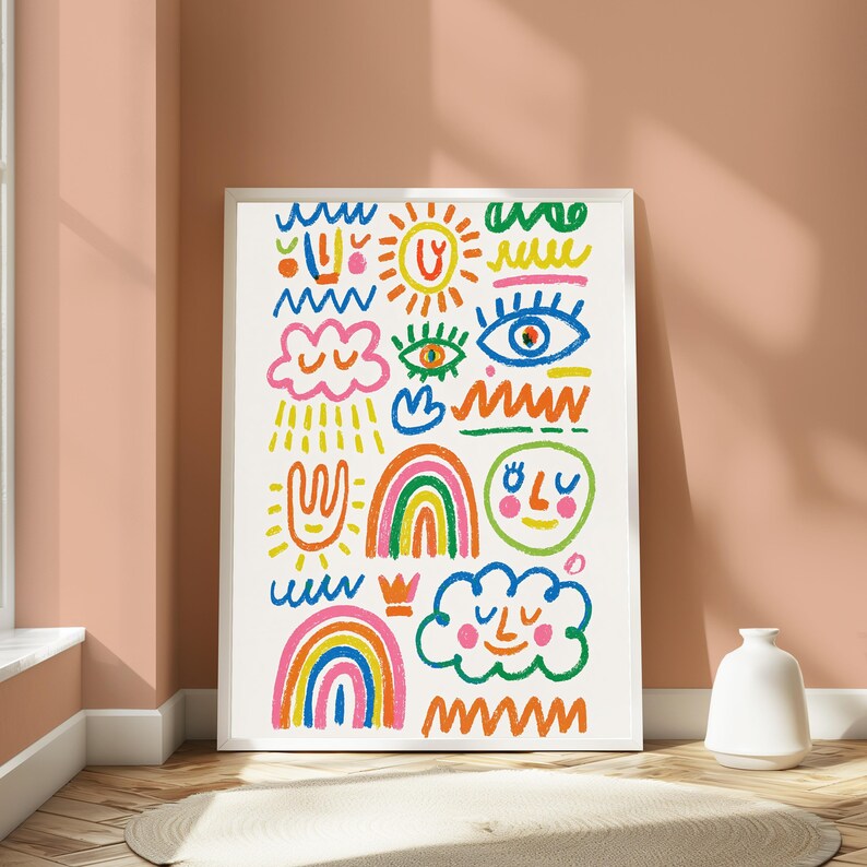 Decorazione murale con personaggi colorati in stile doodle / Stampa arcobaleno allegra / Poster minimalista con linee stilizzate / Download digitale A3 A2 A1 immagine 10