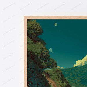 May include: A framed landscape art print featuring a dark teal sky with a pale crescent moon above a steep, tree-covered cliffside. The scene includes lush green foliage, rocky terrain, and distant mountains under a soft, atmospheric light.