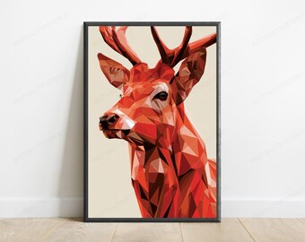Red Stag Geometric Pop Art Print | Abstract Deer Wall Art | Modern Animal Home Decor