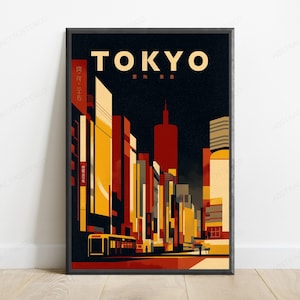 以下が含まれることがあります： 夜の東京の街並みをスタイリッシュなグラフィックで描いた額入りポスター。赤、オレンジ、黄色の色調で表現された高層ビルが暗い背景に浮かび上がり、上部には太字でTOKYOという文字がプリントされています。