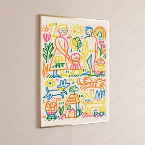 May include: A framed wall art print featuring a colorful, hand-drawn style illustration of a family with two children, a dog, a cat, and a house. The artwork uses vibrant lines in red, yellow, blue, green, and orange against a cream background.