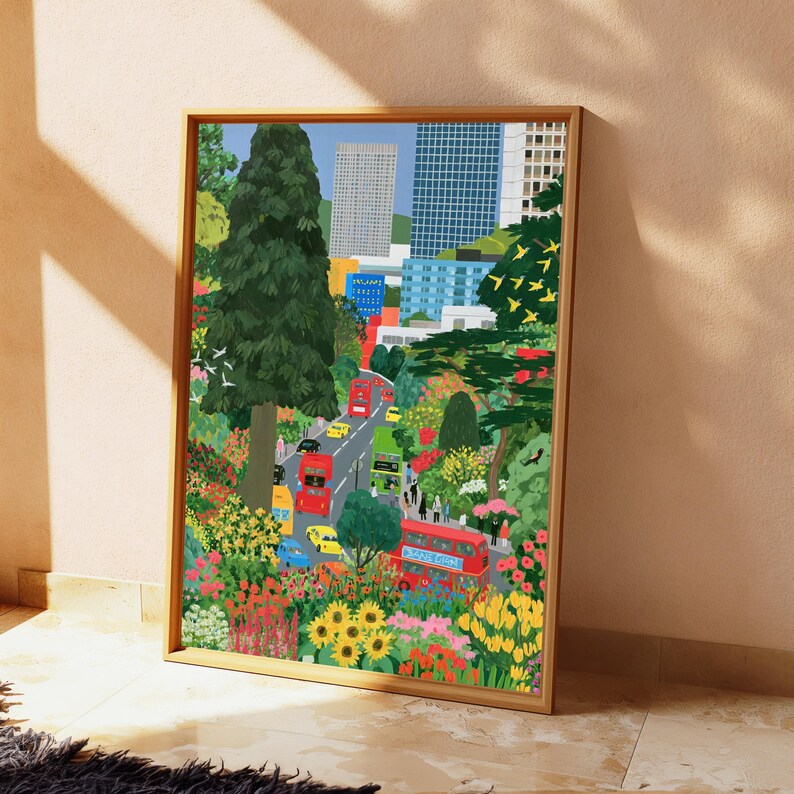 Urban Garden Street Scene Print | Colourful City Park Wall Art | Minimalist Landscape Decor | Digital Download A3 A2 A1 image 5
