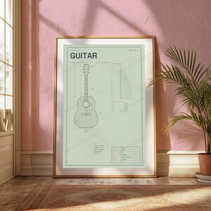 Plano técnico de guitarra acústica Dreadnought / Arte mural de instrumentos musicales / Decoración para el hogar de músicos imagen 4