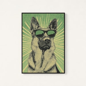 K&ouml;nnte beinhalten: Ein gerahmter Kunstdruck mit einer detaillierten Illustration eines Deutschen Sch&auml;ferhundes, der eine schwarze Sonnenbrille tr&auml;gt. Der Hund ist vor einem hellgr&uuml;nen Hintergrund mit einem strahlenf&ouml;rmigen Muster in Dunkelgr&uuml;n zentriert.