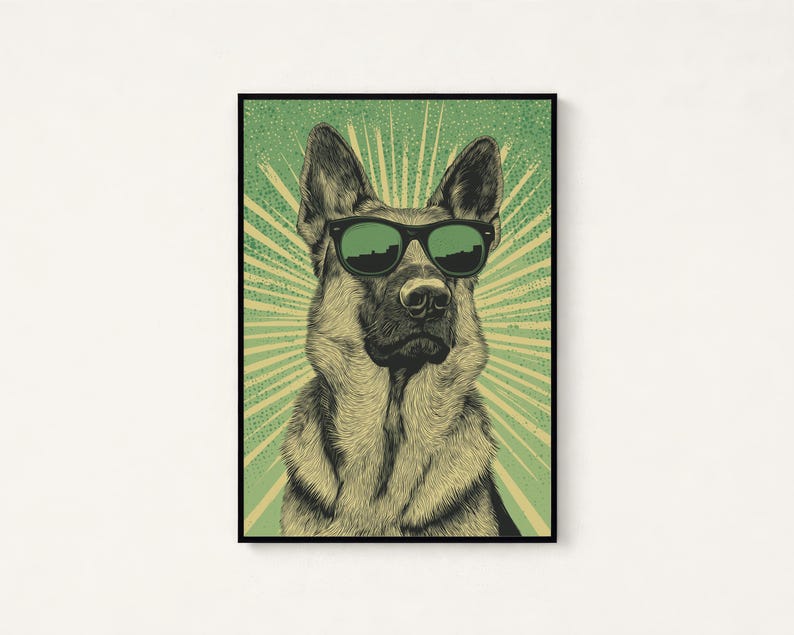 K&ouml;nnte beinhalten: Ein gerahmter Kunstdruck mit einer detaillierten Illustration eines Deutschen Sch&auml;ferhundes, der eine schwarze Sonnenbrille tr&auml;gt. Der Hund ist vor einem hellgr&uuml;nen Hintergrund mit einem strahlenf&ouml;rmigen Muster in Dunkelgr&uuml;n zentriert.