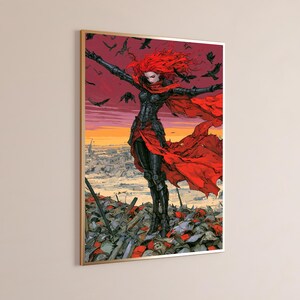 May include: A framed wall art print depicting a figure with vibrant red hair and a flowing red cloak, wearing dark armour. The figure stands atop a pile of debris overlooking a city landscape under a sunset sky filled with black birds in flight.