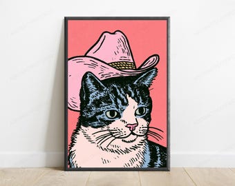 Lámina de arte pop con gato vaquero / Arte mural felino original / Decoración retro para el hogar / Descarga digital A3 A2 A1
