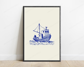 Vintage Fishing Boat Line Art Print | Coastal Nautical Wall Art | Minimalist Maritime Decor | Digital Download A3 A2 A1