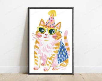 Cool Cat Party Hat Sunglasses Pop Art Print | Whimsical Animal Wall Art | Minimalist Home Decor | Digital Download A3 A2 A1
