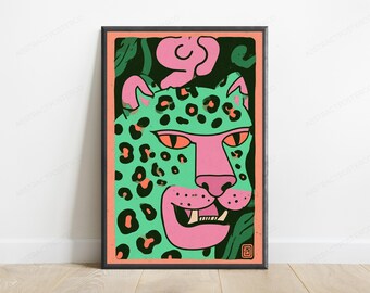 Cheeky Leopard Tongue Pop Art Print | Bold Tropical Animal Wall Art | Vibrant Home Décor | Digital Download A3 A2 A1