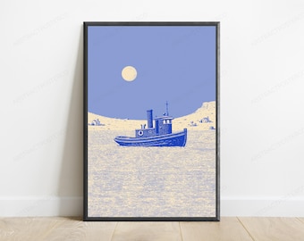 Vintage fiskebåt kustlinjekonst | Blågul minimalistiskt tryck | Nautisk väggdekor | Digital nedladdning A3 A2 A1