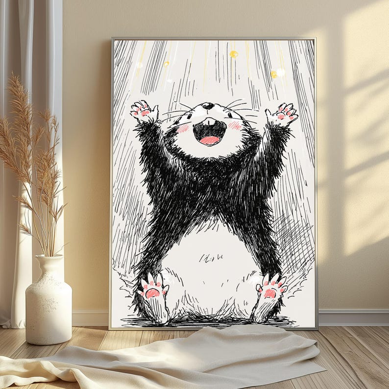 Happy Otter in Rain Minimalist Art Print | Cheerful Wildlife Wall Art | Cute Animal Home Decor | Digital Download A3 A2 A1 image 4