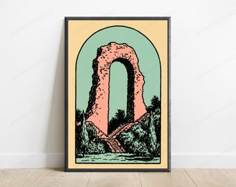 Ancient Stone Archway Ruins Print | Minimalist Landscape Art | Retro Travel Wall Decor | Digital Download A3 A2 A1