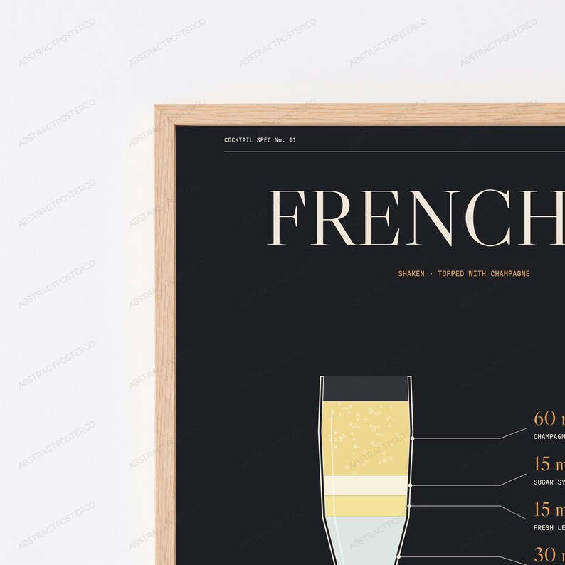 May include: A framed wall art print featuring a black background with white text that reads COCKTAIL SPEC No. 11 FRENCH. The graphic includes a stylised illustration of a cocktail glass with layered liquid and ingredient measurements.