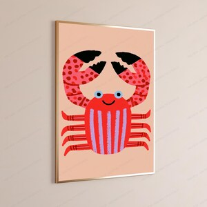 Happy Red Crab Pop Art Print | Cute Minimalist Sea Creature Wall Art | Coastal Home Decor | Digital Download A3 A2 A1 image 3