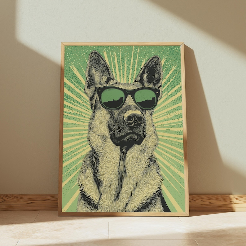 K&ouml;nnte beinhalten: Ein gerahmter Kunstdruck mit einer detaillierten Illustration eines Deutschen Sch&auml;ferhundes, der eine schwarze Sonnenbrille tr&auml;gt. Der Hund ist vor einem hellgr&uuml;nen Hintergrund mit strahlenf&ouml;rmigem Muster und punktiertem Effekt zentriert.