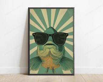 Coole Fisch Sonnenbrillen Pop Art Print | Retro Groovy Wandkunst | Minimalistisches Wohndekor | Digitaler Download A3-A2-A1