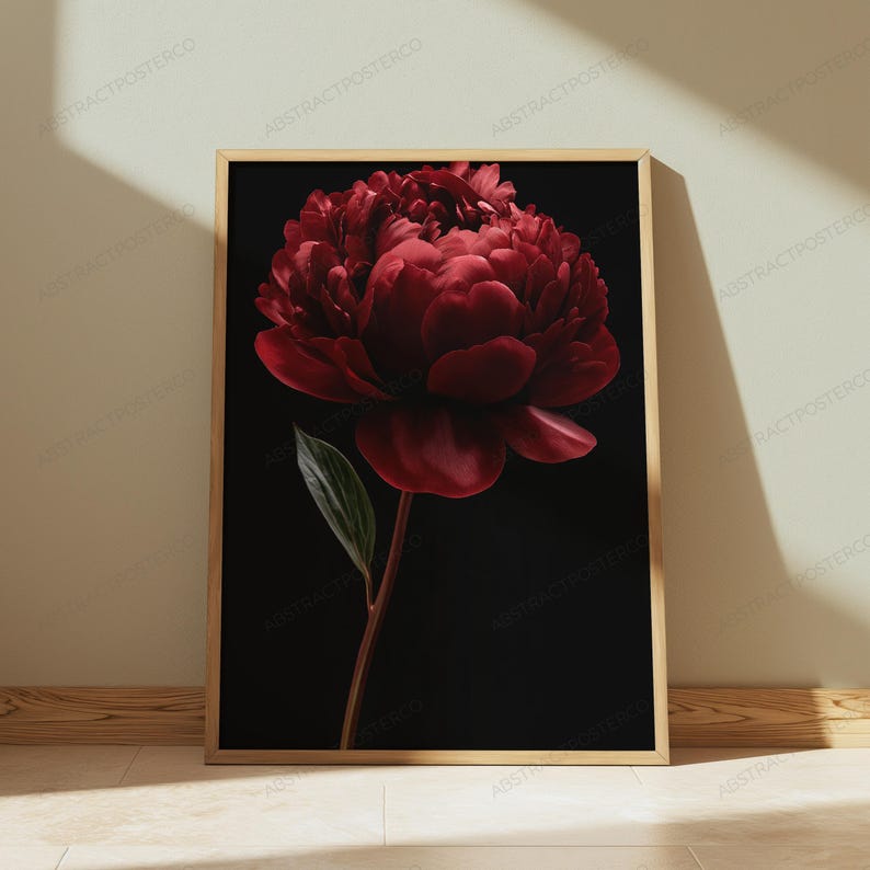 Red Peony Flower Botanical Print | Dark Moody Floral Wall Art | Luxury Home Decor image 4