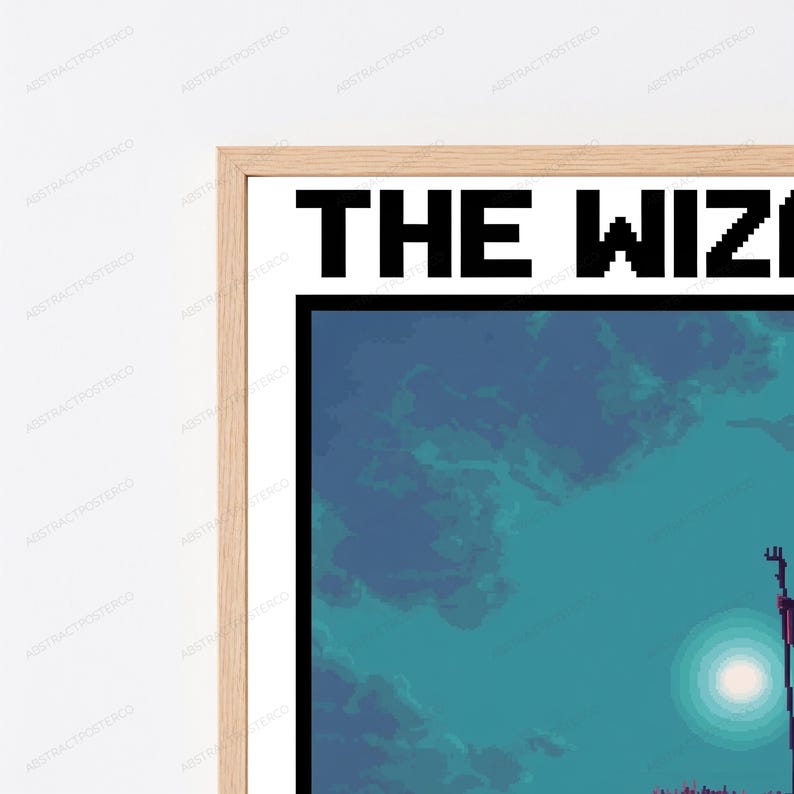 May include: A framed wall art print featuring pixel art style graphics. The top of the print displays the text THE WIZ in bold black pixelated letters. Below the text is a dark teal and blue sky with a bright white circular moon.