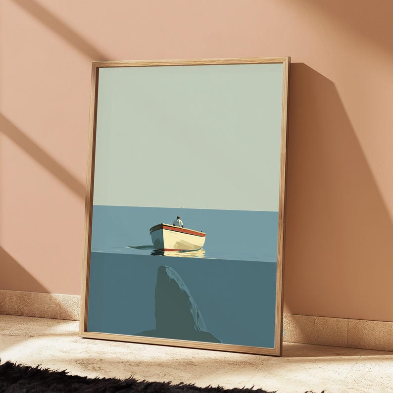 Lone Fisherman Rowing Boat Minimalist Print | Peaceful Water Art | Coastal Wall Decor | Digital Download A3 A2 A1 image 5