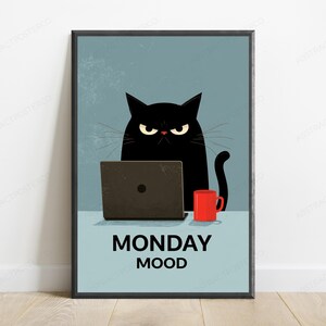 Grumpy Black Cat with Laptop Coffee Mug | Monday Mood Pop Art Print | Funny Office Wall Decor image 1