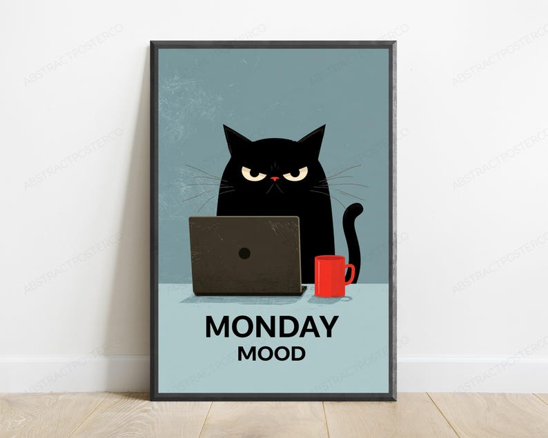 Grumpy Black Cat with Laptop Coffee Mug | Monday Mood Pop Art Print | Funny Office Wall Decor image 1