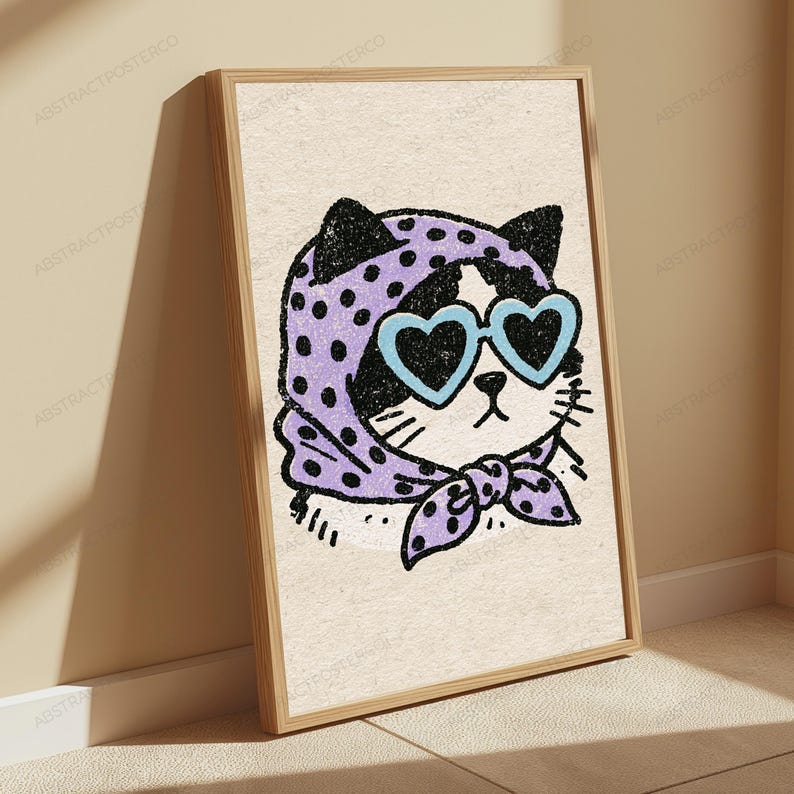 Pu&ograve; includere: Una stampa artistica da parete incorniciata con l'illustrazione di un gatto bianco e nero. Il gatto indossa un foulard viola chiaro a pois neri e occhiali da sole azzurri a forma di cuore su uno sfondo testurizzato color bianco sporco.