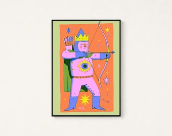 Lámina de arte pop de la Reina Arquera Colorida / Arte mural de guerrera mágica / Decoración de fantasía vibrante para el hogar / Descarga digital A3 A2 A1