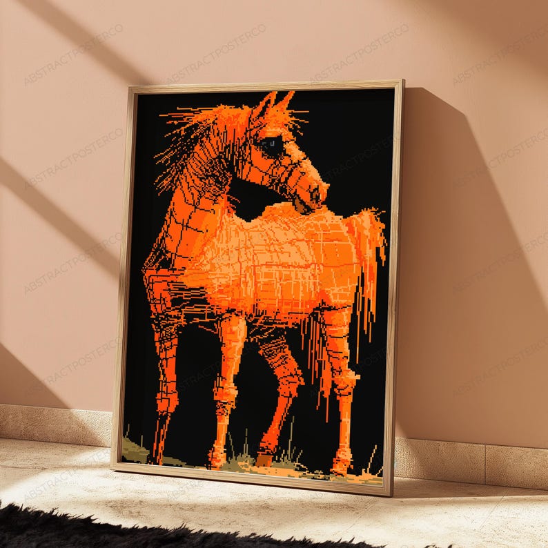 Impressão Pop Art com Cavalo Laranja em Efeito Glitch | Arte de Parede Equina Retrô em Pixel Art | Decoração Moderna para Casa com Tema Animal | Download Digital A3 A2 A1 imagem 4