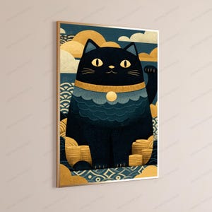 May include: A framed wall art print featuring a stylized black cat with yellow eyes and a gold collar. The cat is depicted with one raised paw, sitting amidst stacks of gold coins against a dark blue background with gold wave and cloud patterns.