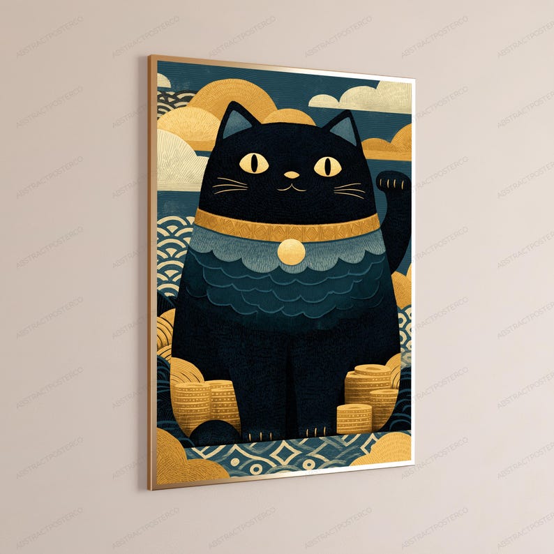 May include: A framed wall art print featuring a stylized black cat with yellow eyes and a gold collar. The cat is depicted with one raised paw, sitting amidst stacks of gold coins against a dark blue background with gold wave and cloud patterns.