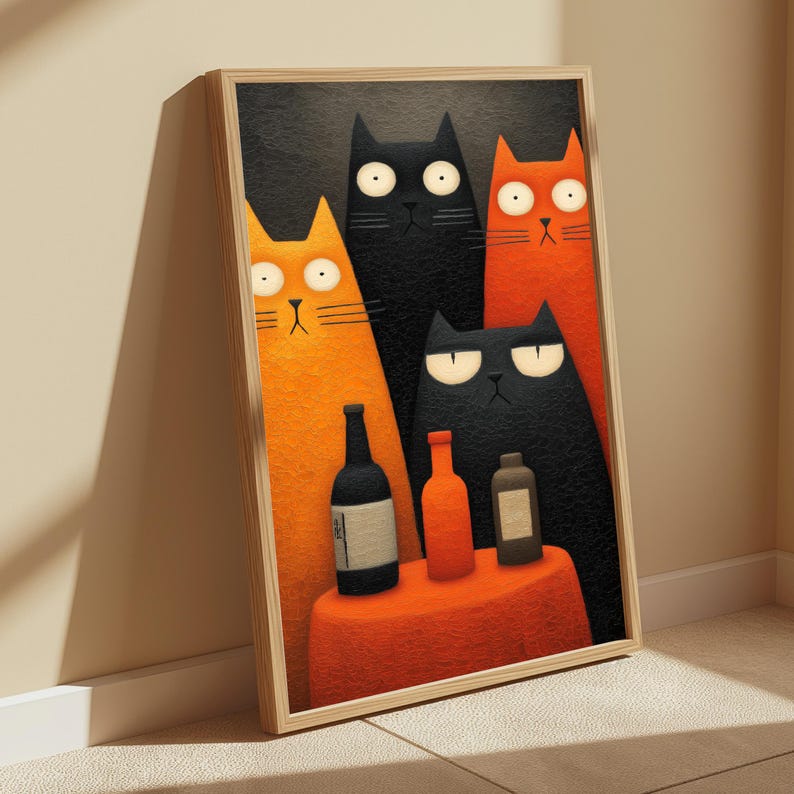 Four Cats Japanese Folk Art Print | Whimsical Feline Illustration (Digital Download) image 5