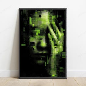 Op de afbeelding: Een ingelijste rechthoekige wandkunstprint met een digitaal glitch-effect portret van een gezicht in neon-groen en zwart. De afbeelding toont horizontale en verticale lijnen, gepixelde blokken en datapatronen die de gelaatstrekken verhullen.