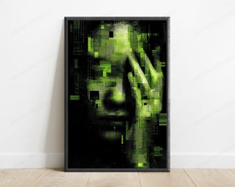 Neon Matrix Portrait Glitch Art Print | Green Digital Code Wall Art | Cyberpunk Tech Aesthetic | Digital Download A3 A2 A1